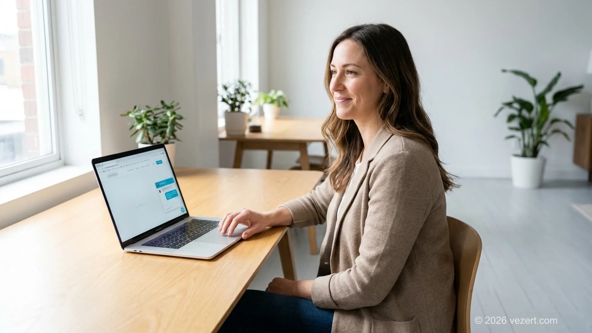 Chef d'entreprise utilisant un agent IA pour capturer des leads sur un site web — ordinateur portable avec widget de chat ouvert sur un site professionnel