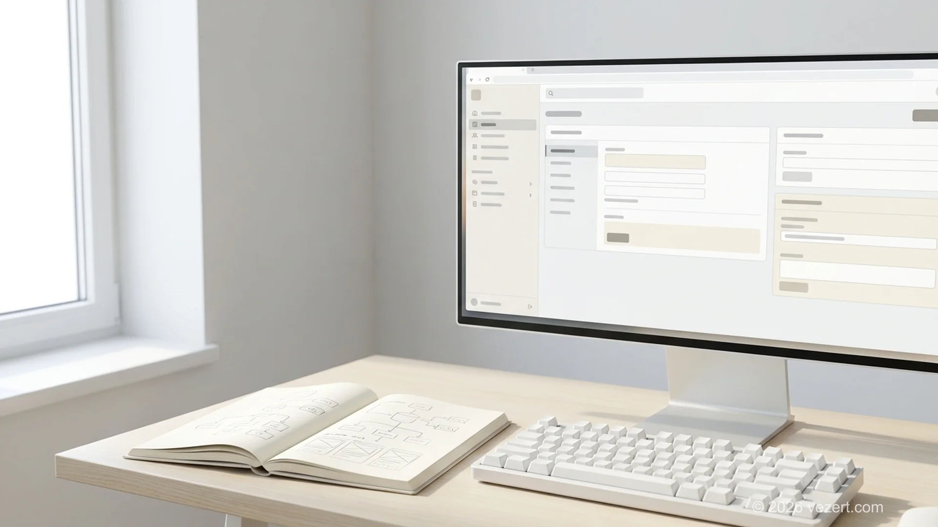 Espaço de trabalho de desenvolvimento aumentado por IA com dashboard de portal web e diagramas de arquitetura