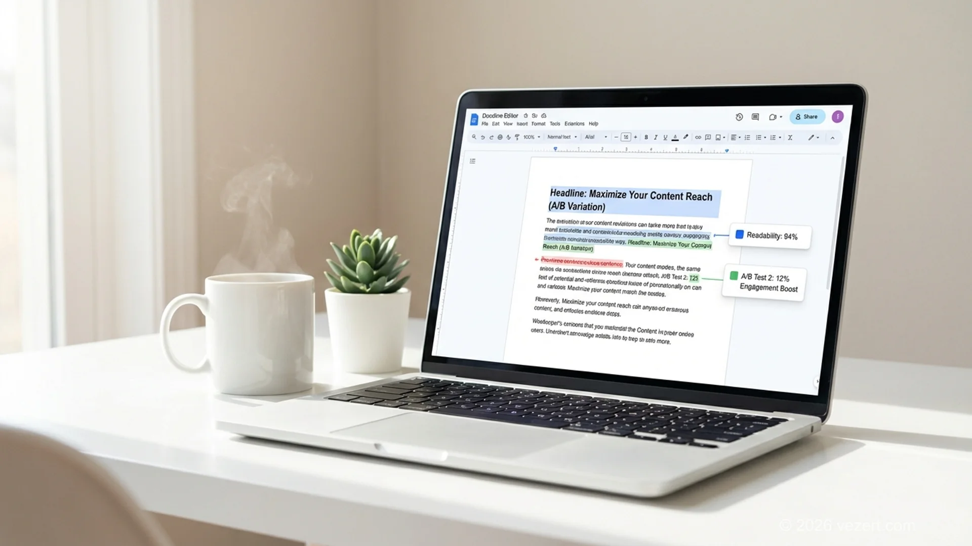 AI website copywriting workflow showing text improvements, alternative headlines, and A/B test variations on a laptop screen