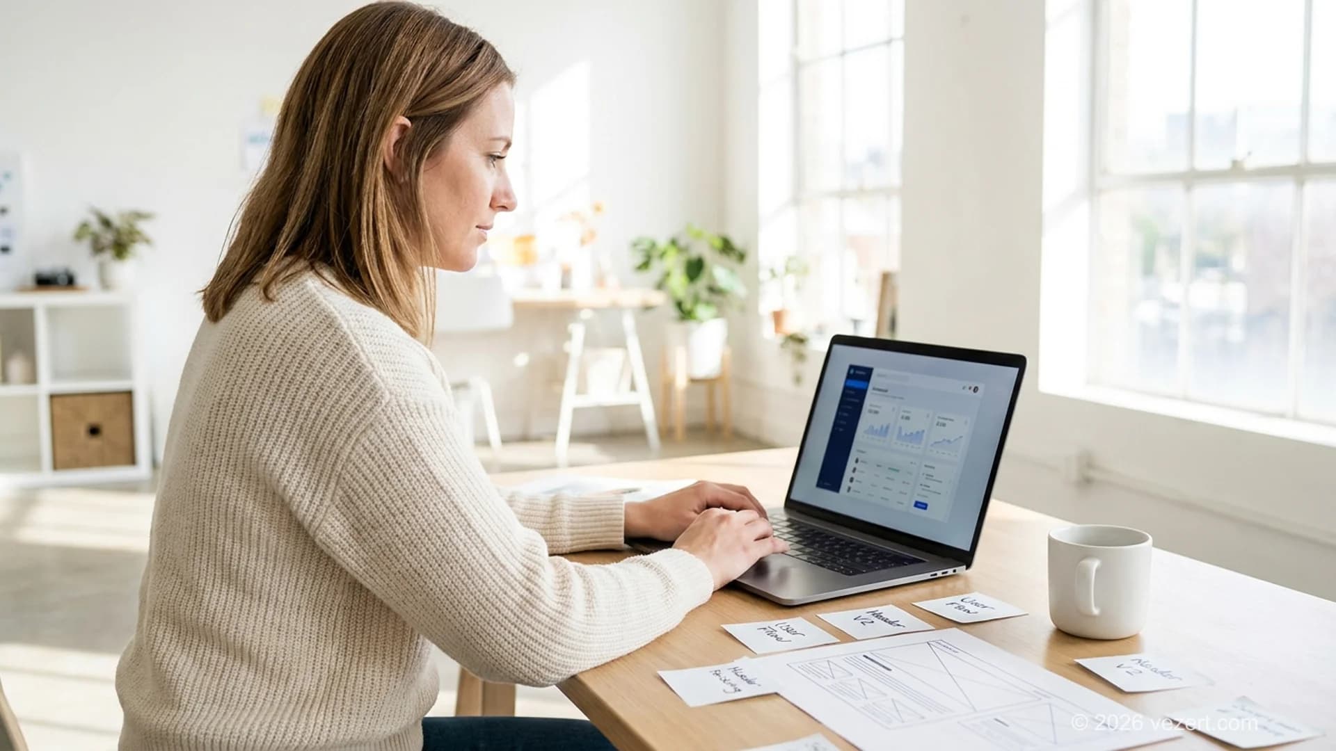 Menschlicher Webdesigner prüft einen KI-generierten Layout-Entwurf auf einem Laptop in einem hellen Studio