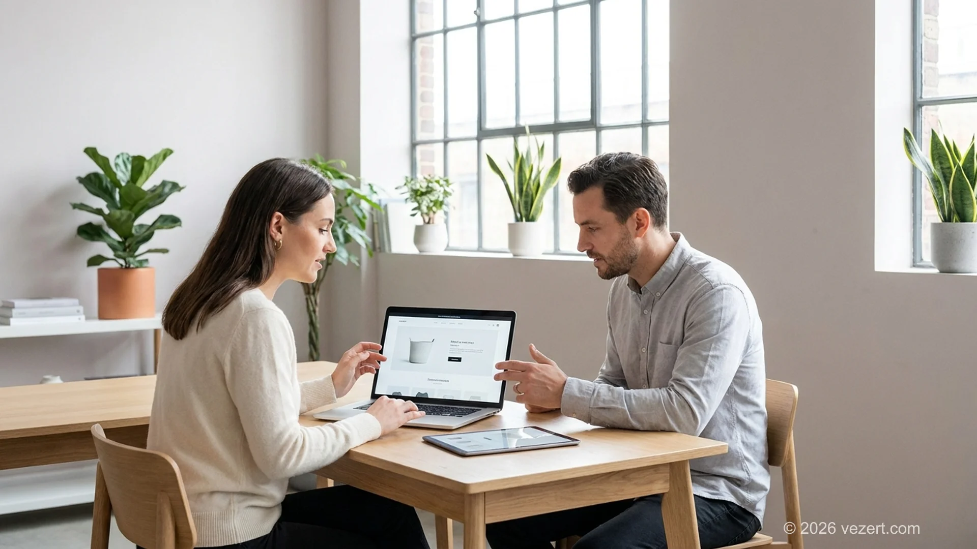 Designer und KI-Tool arbeiten gemeinsam an einem Website-Layout, eine menschliche Hand passt einen Bildschirm-Entwurf an