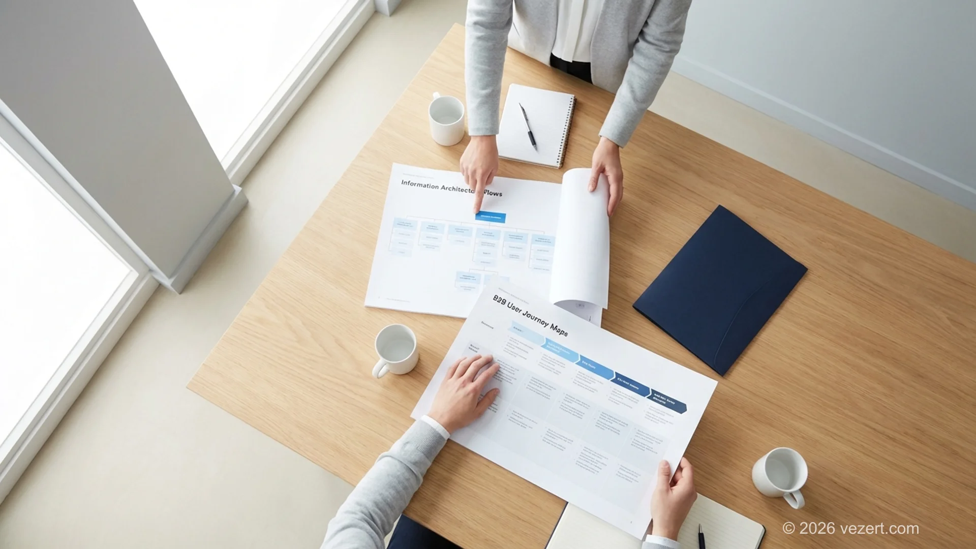 Processus de design de site d'entreprise montrant la planification de l'architecture de l'information, le wireframing et le benchmarking de performance pour un site de consulting B2B