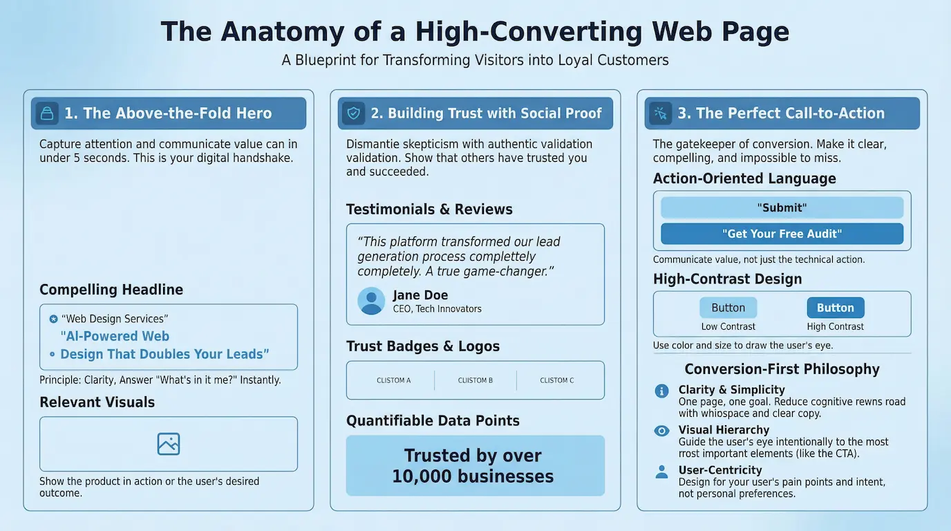Visual design elements including color psychology, typography, and imagery for high-converting web pages