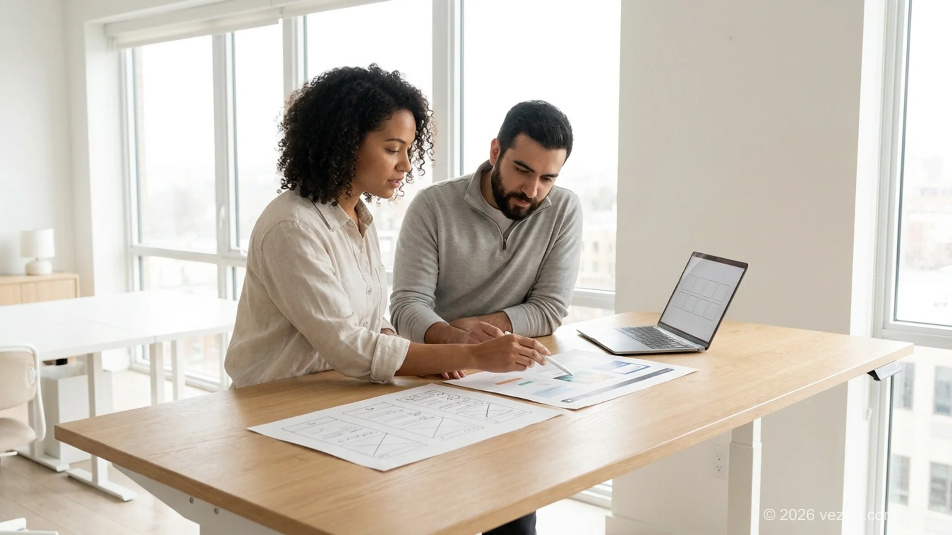 Web design team reviewing AI-generated interface layouts together, Claude Design outputs spread across a large monitor