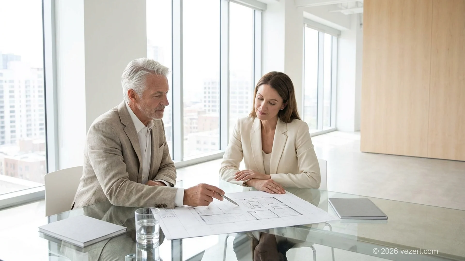 Designer and strategist in focused discussion reviewing design direction decisions in a modern bright office