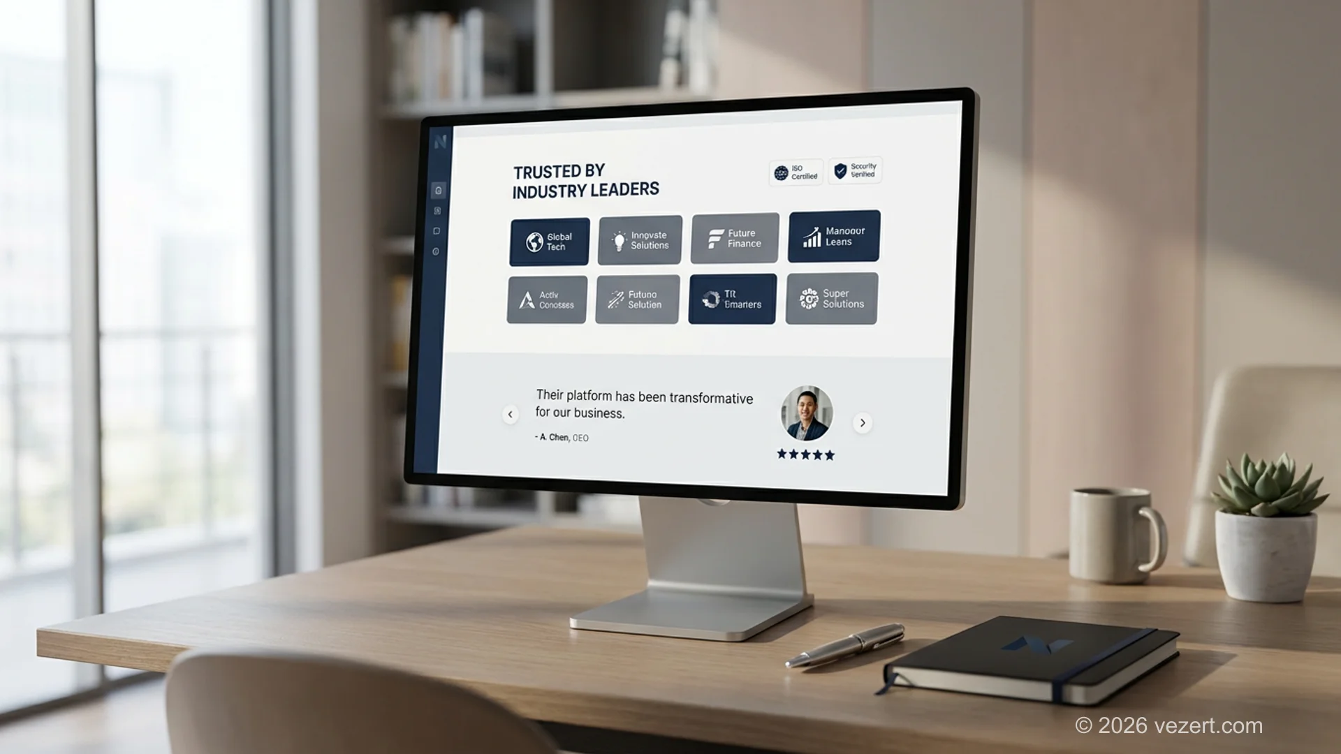 Corporate homepage trust elements including client logos, testimonials, and security badges