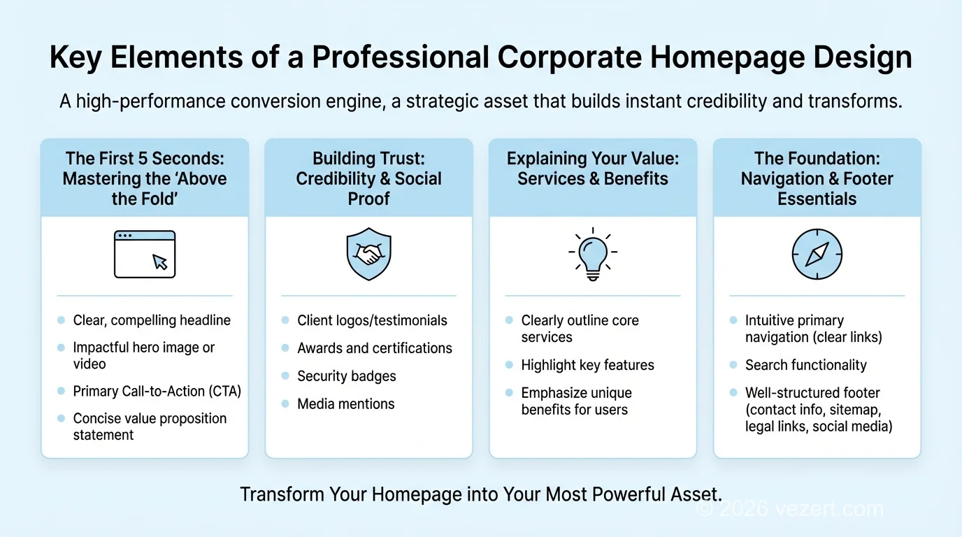 Corporate homepage design checklist infographic with key elements for conversion