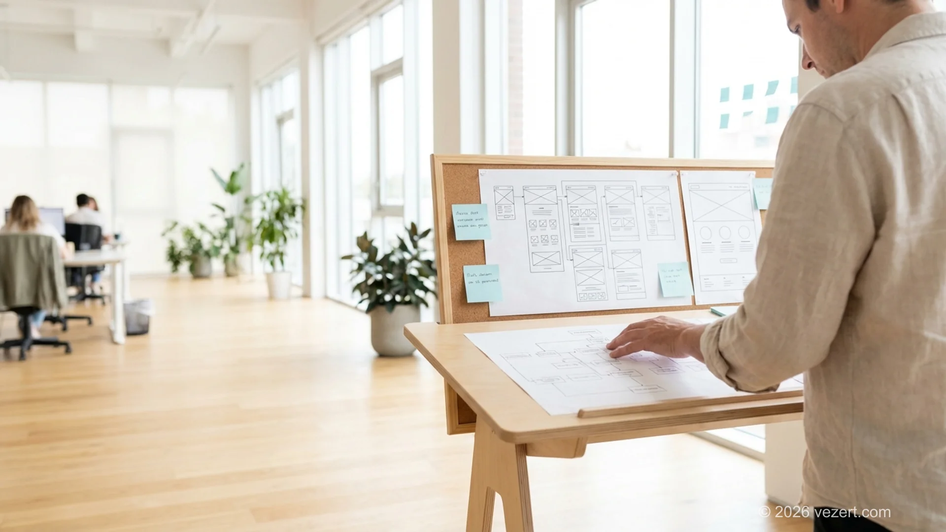 UX designer reviewing wireframes comparing corporate website vs landing page structures