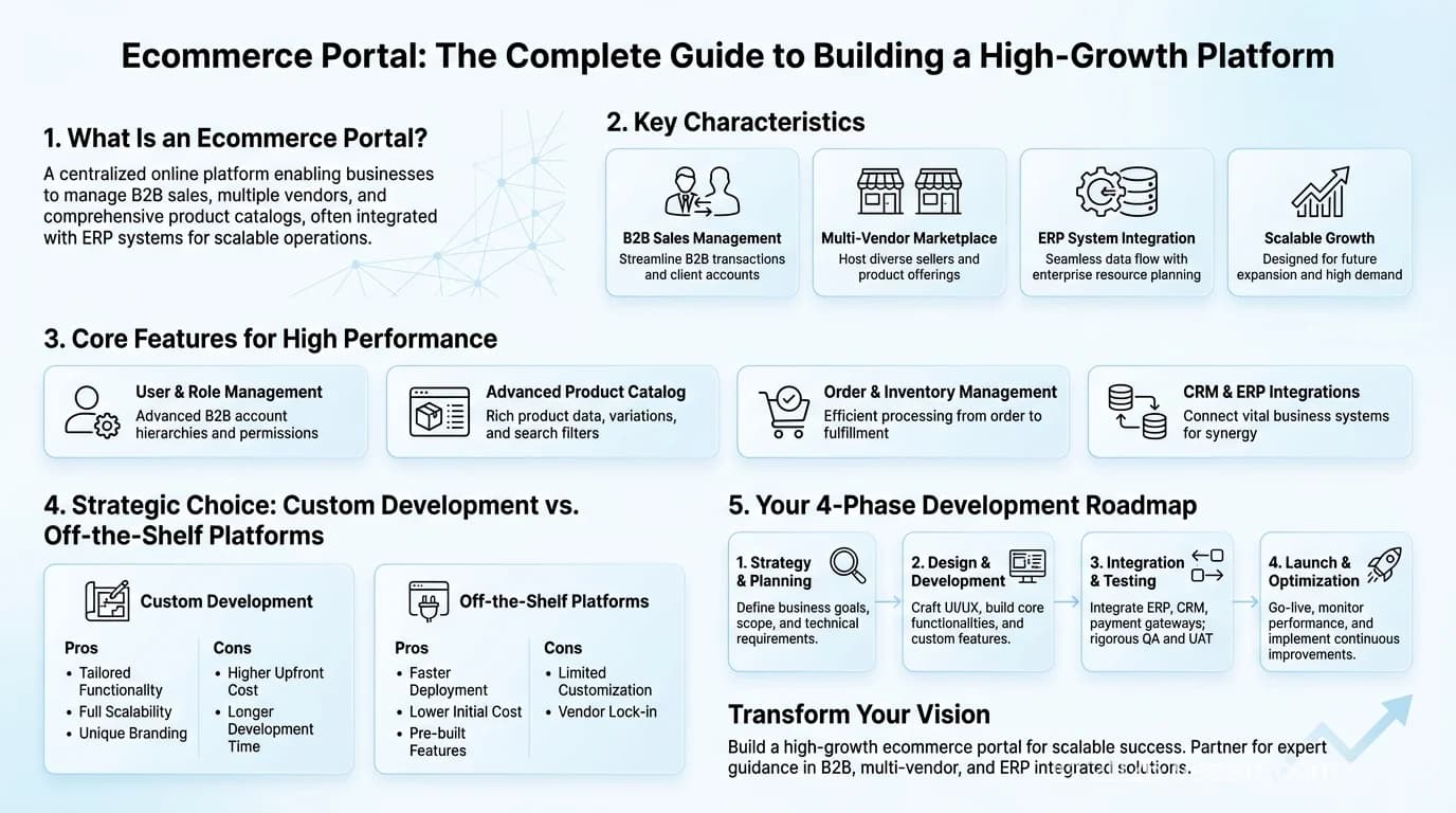 Ecommerce portal development guide infographic showing key phases and features