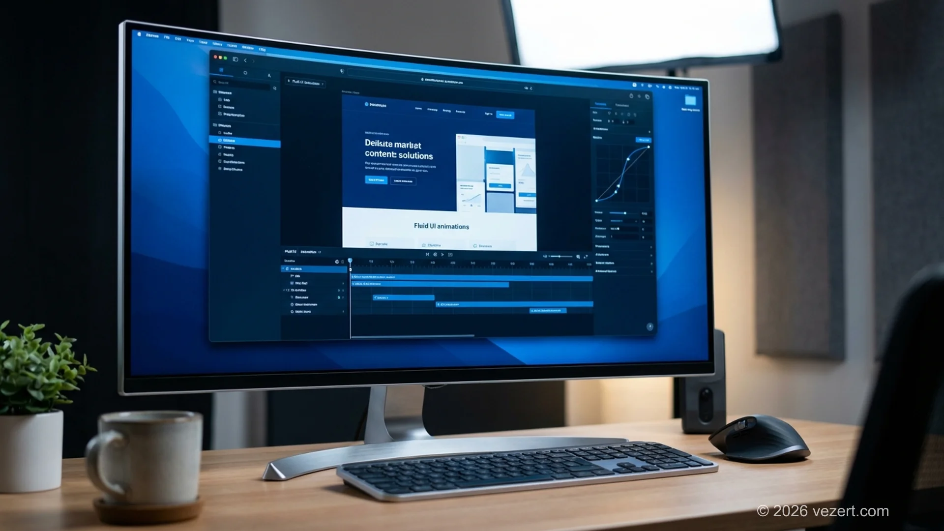 Web designer che lavora con la timeline delle animazioni e le curve di movimento su un grande display