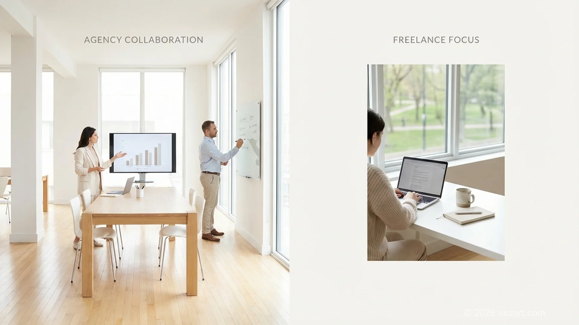Web design agency team collaborating on a project compared with a solo freelancer workspace
