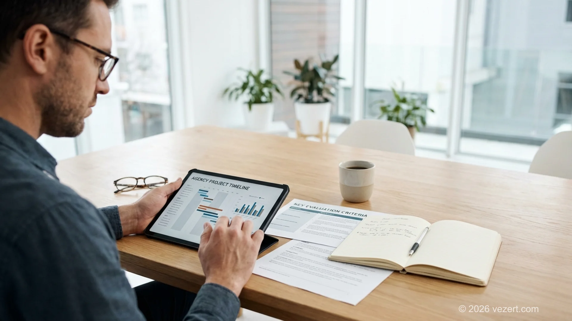 Business owner evaluating a web design agency project timeline and selection checklist on a tablet