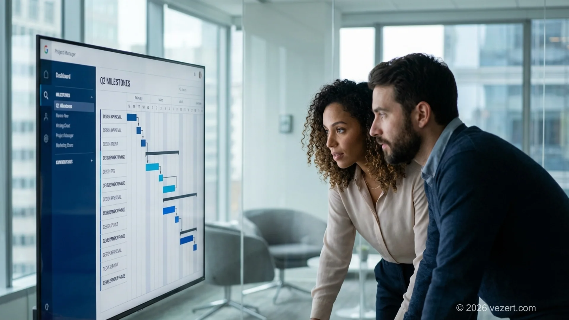 Due professionisti che esaminano insieme un documento di brief per il design del sito web a un tavolo da conferenza