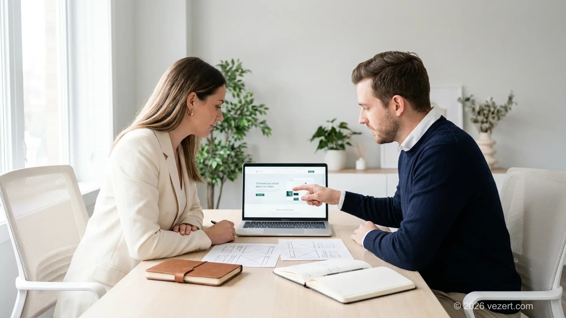 Marketer and designer reviewing a landing page layout together on a laptop in a modern workspace