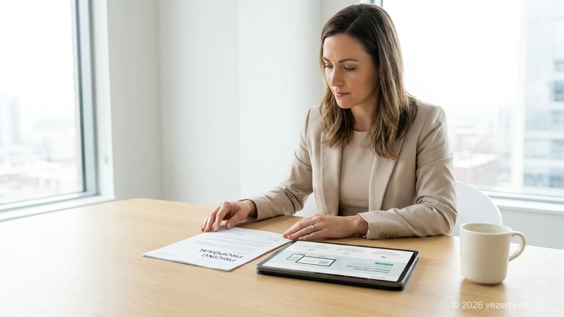 Business owner reviewing a landing page design proposal and pricing tiers on a tablet
