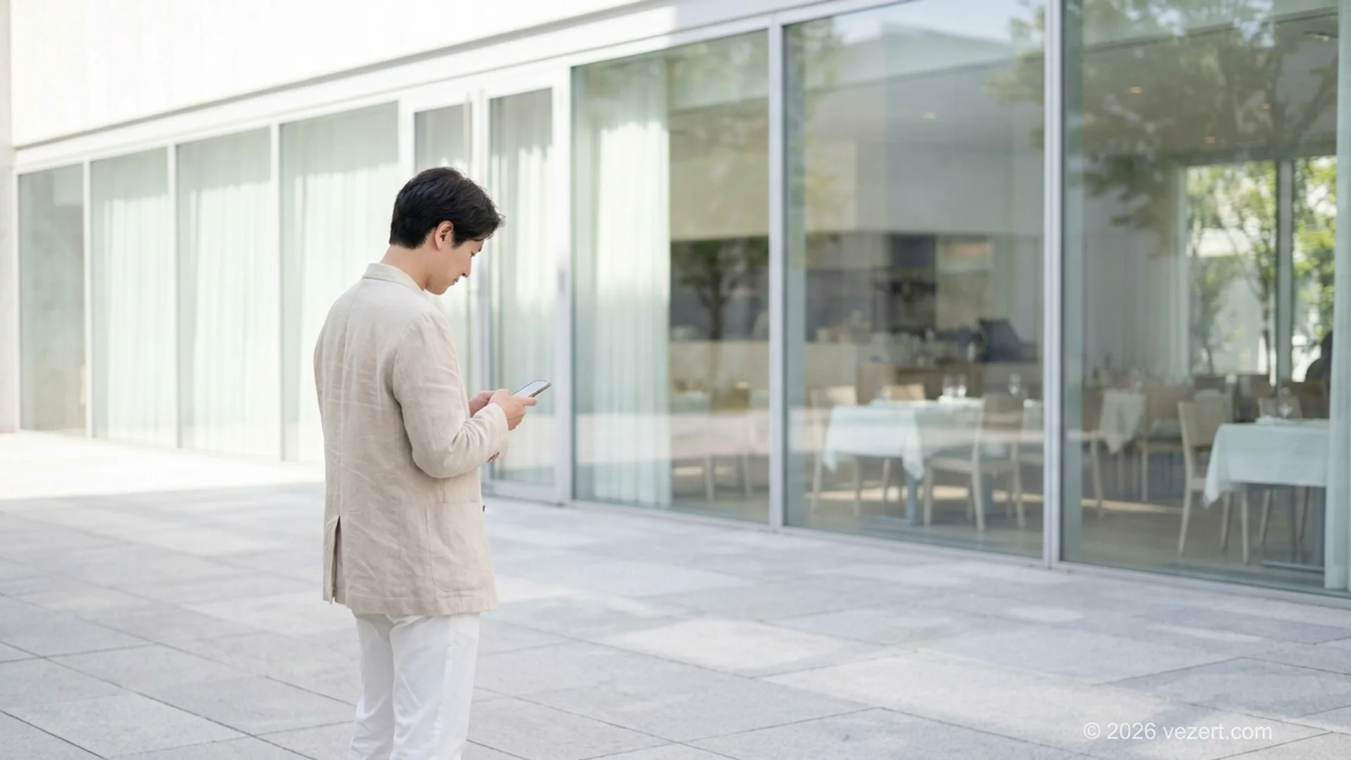 Guest checking a restaurant menu and opening hours on a phone outside the venue