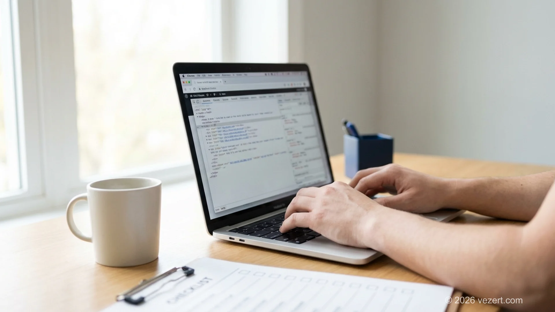 Professional analyzing SEO performance data and website technical architecture on a modern workspace