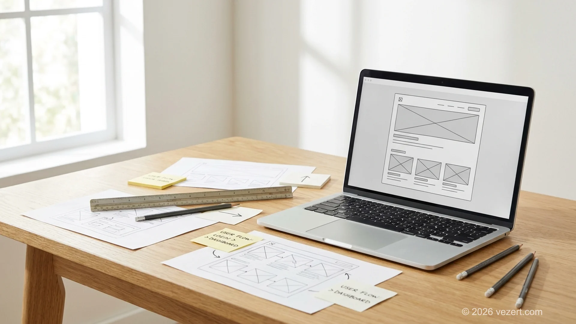 UI/UX Designer prüft Wireframe-Skizzen und Screen-Layouts an einem Arbeitsplatz