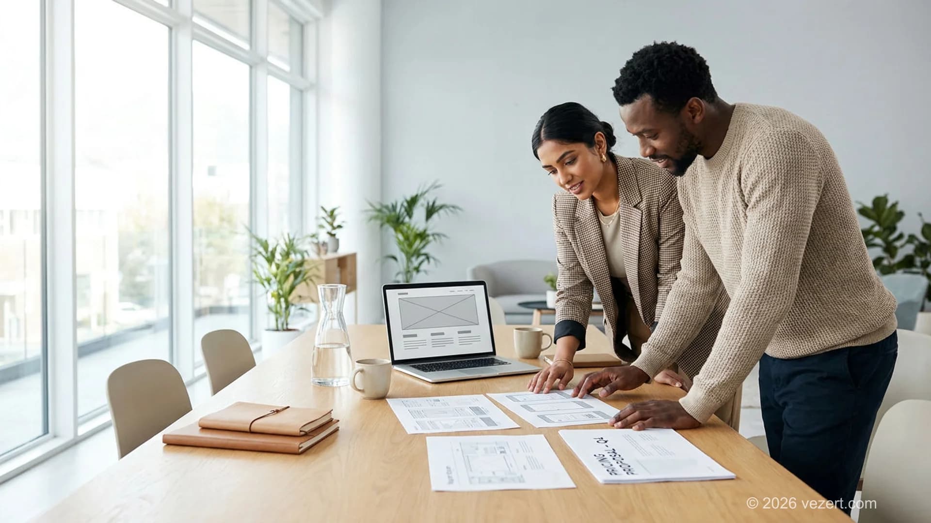 Designer und Product Manager prüfen ein UI/UX-Design-Angebot und Preispakete auf einem Laptop