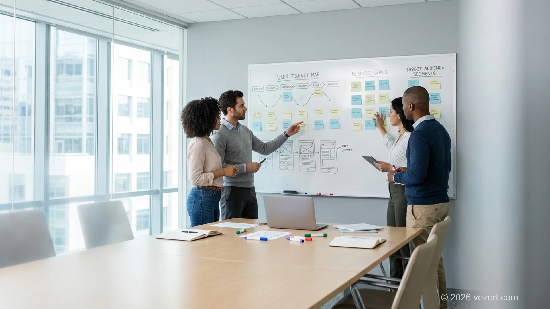 Web design agency team during discovery phase with user journey maps, wireframe sketches, and business goal sticky notes