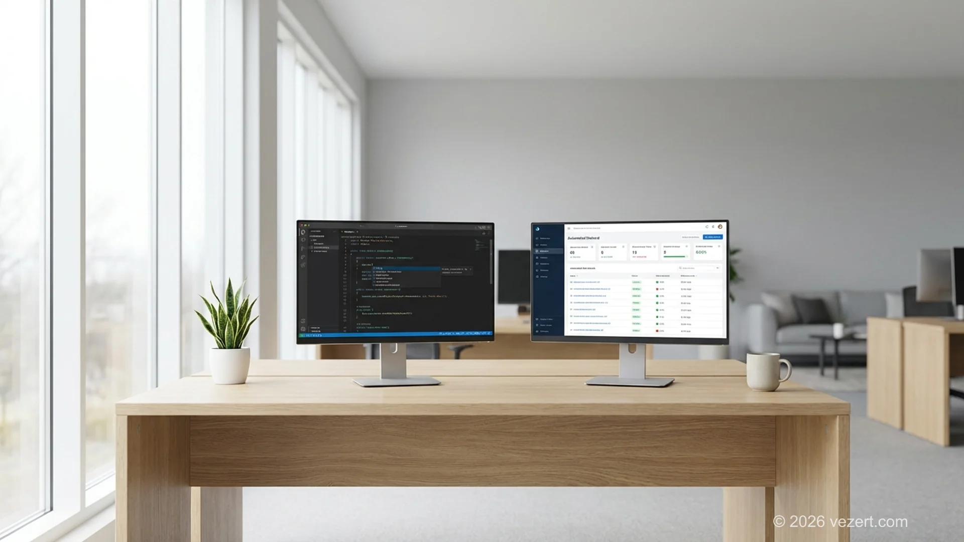Web design agency developer workstation with AI-assisted code suggestions and automated test results