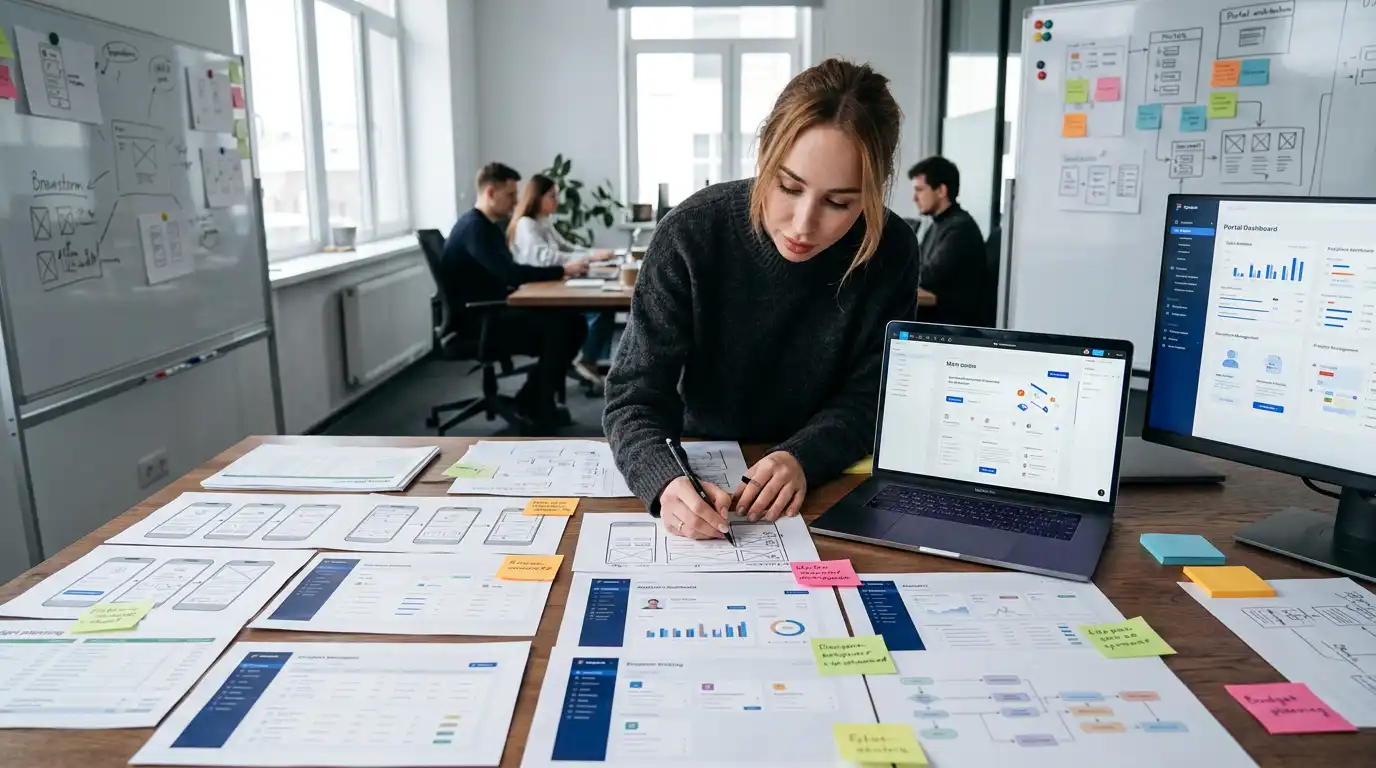 Web portal development cost three-tier infographic with Simple, Mid, and Enterprise pricing ranges