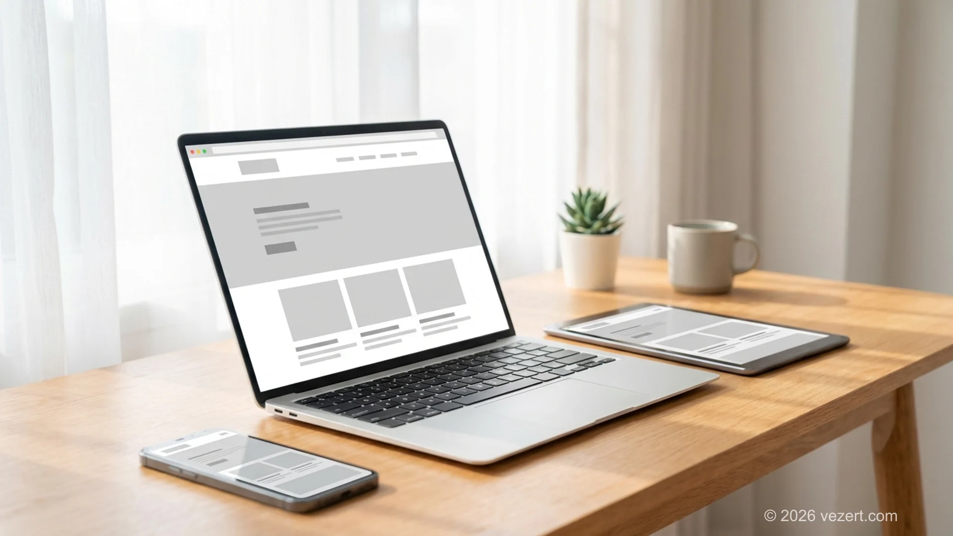 Website development timeline testing phase with browser windows, performance dashboards, and responsive device screens
