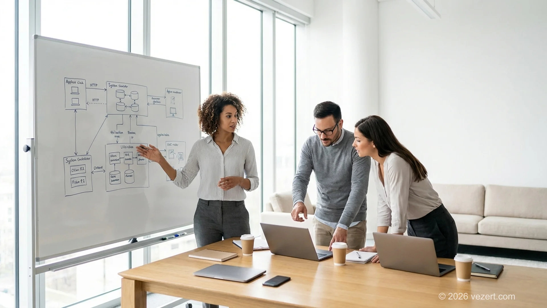 Development team collaborating on scalable website architecture planning in a modern office