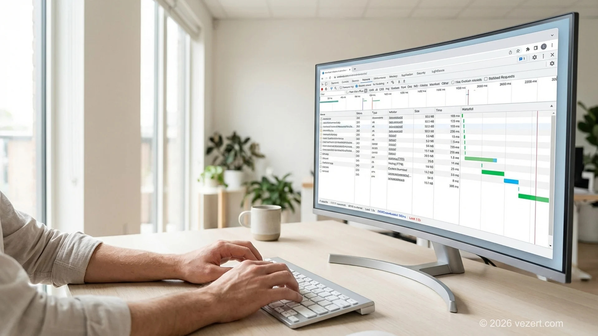 Website speed optimization dashboard showing Lighthouse performance metrics and waterfall chart in browser DevTools