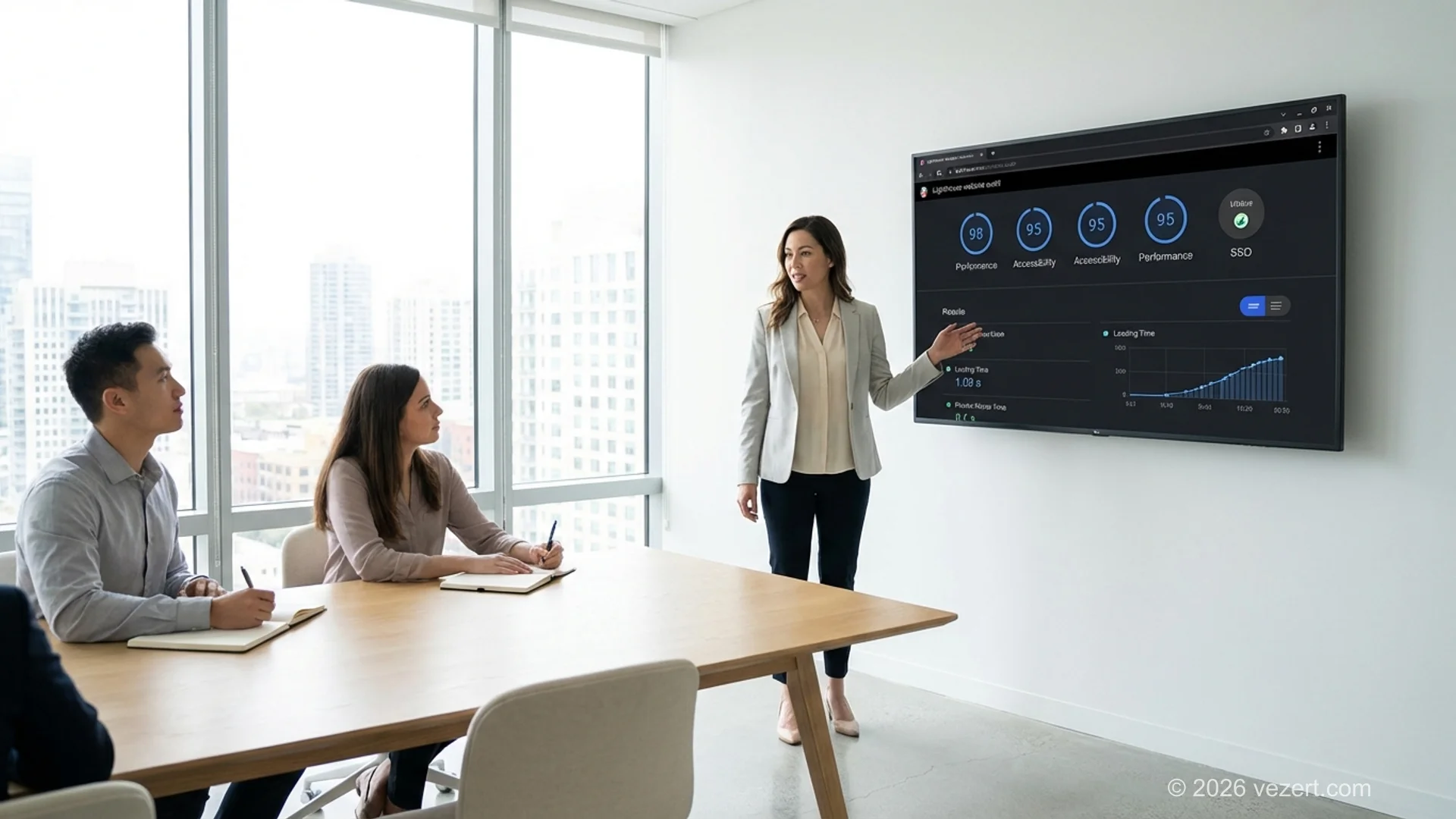 Team reviewing website speed optimization audit results and Lighthouse performance scores