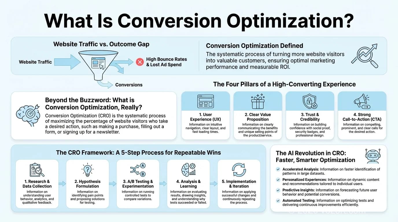 Conversion optimization framework infographic showing the 5-step CRO process