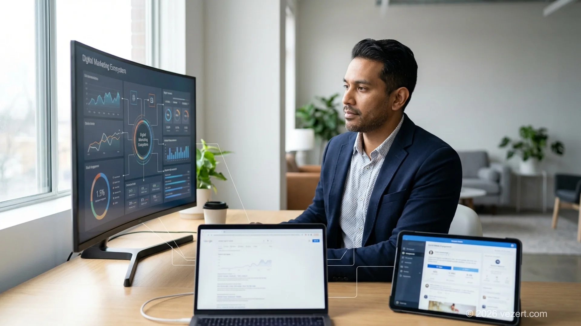 Digital marketing ecosystem showing SEO, PPC, content marketing, and social media channels
