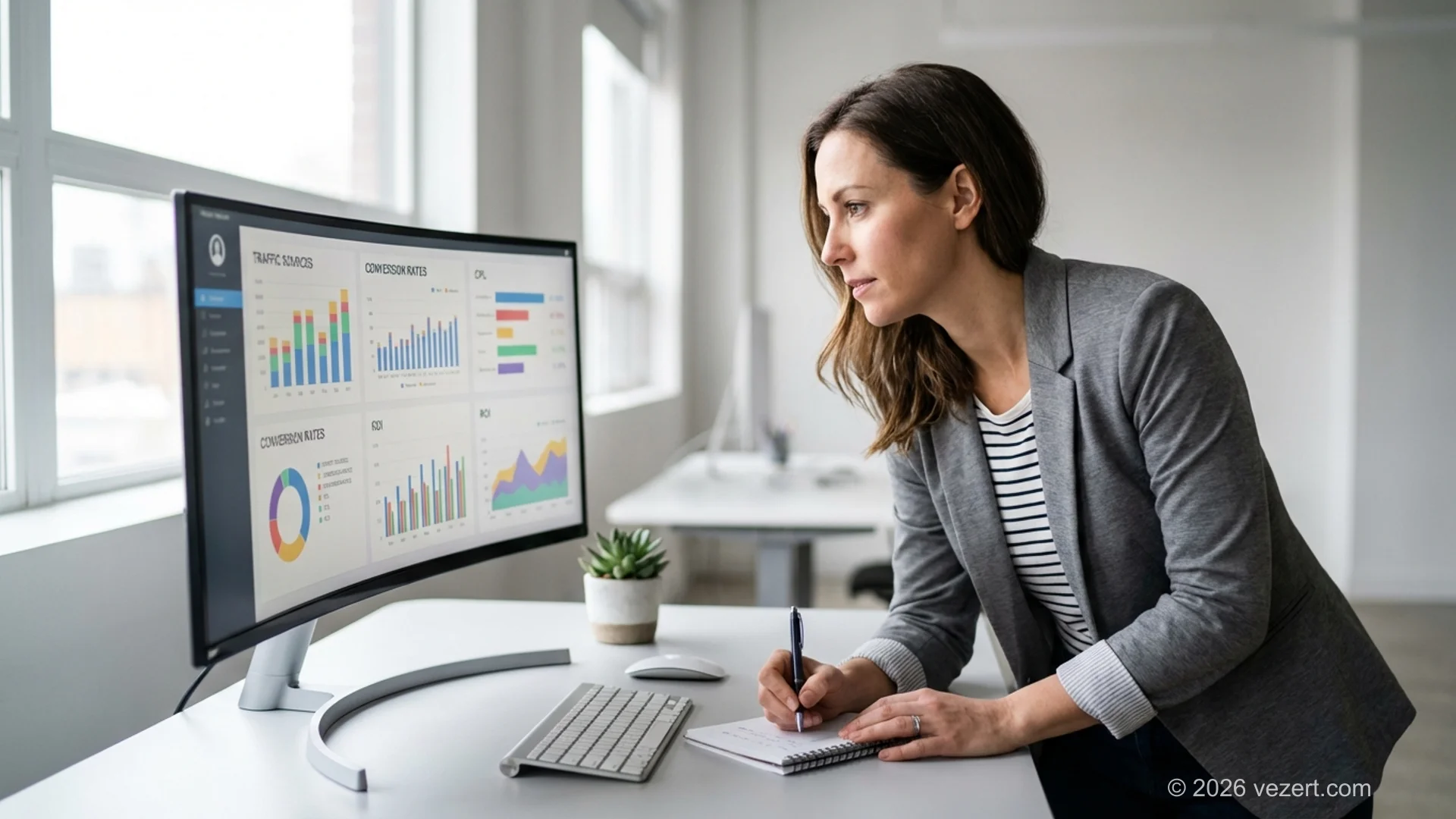 Digital marketing metrics dashboard showing traffic, conversion rates, and ROI