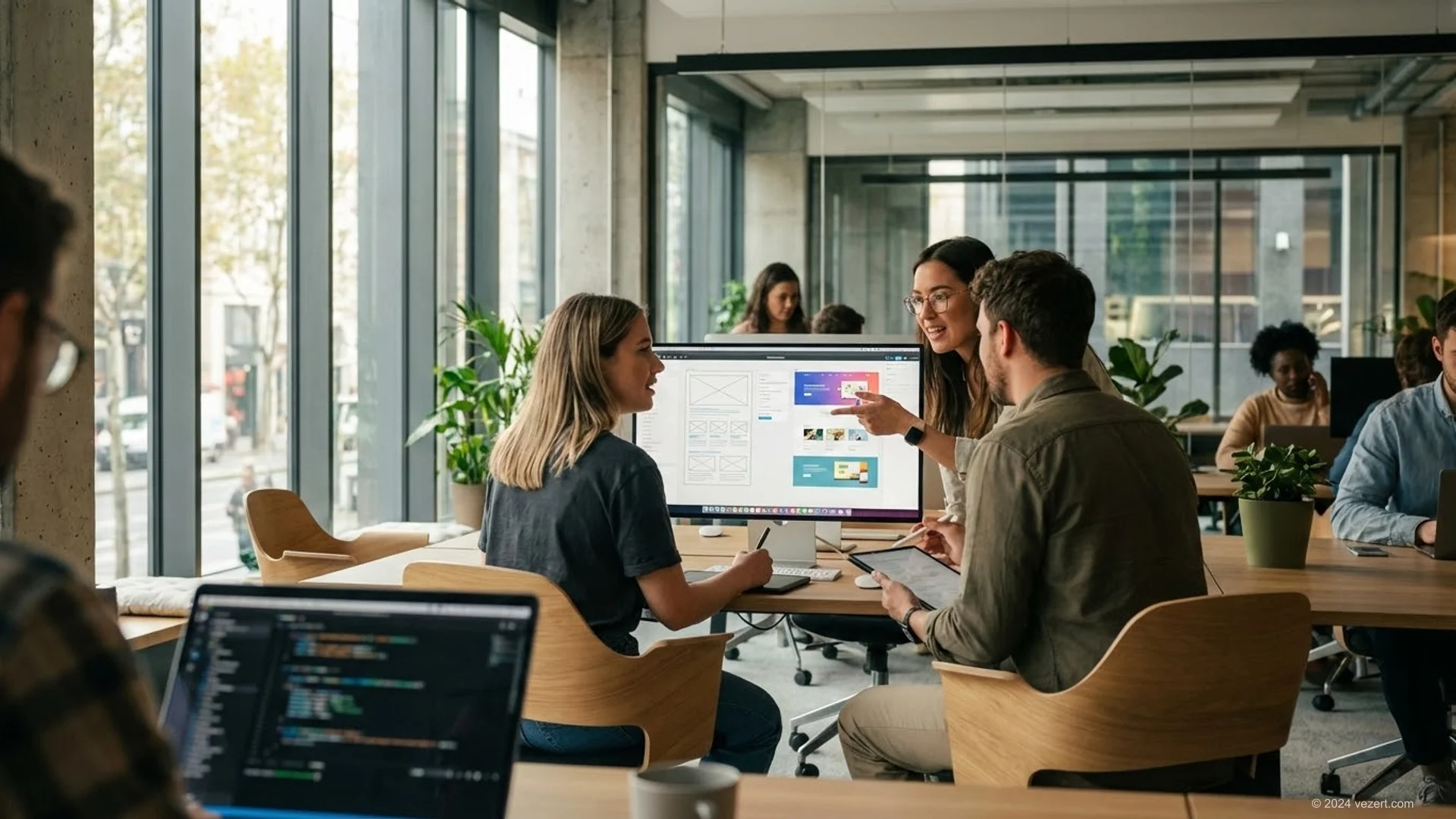 Modern web design team collaborating on a project