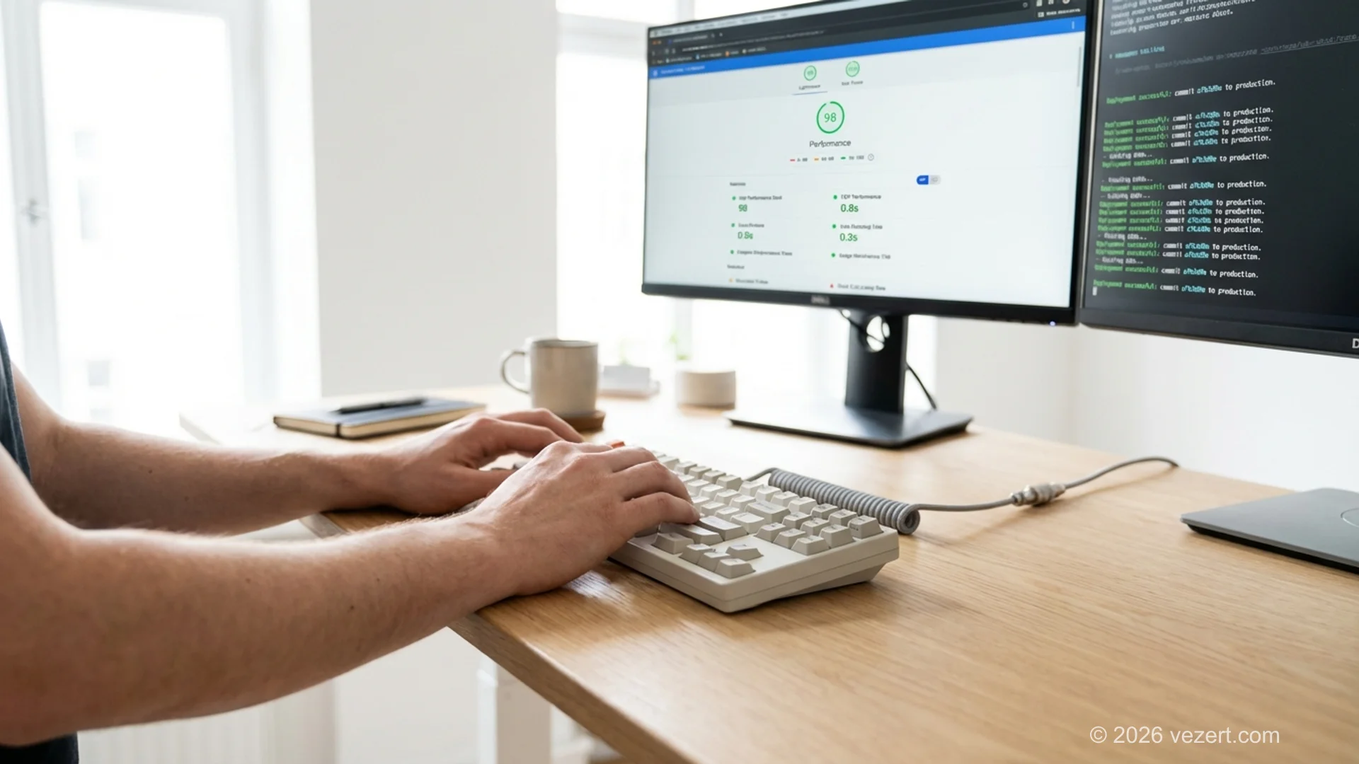 Developer workspace showing Lighthouse performance scores and deployment terminal for a Next.js website