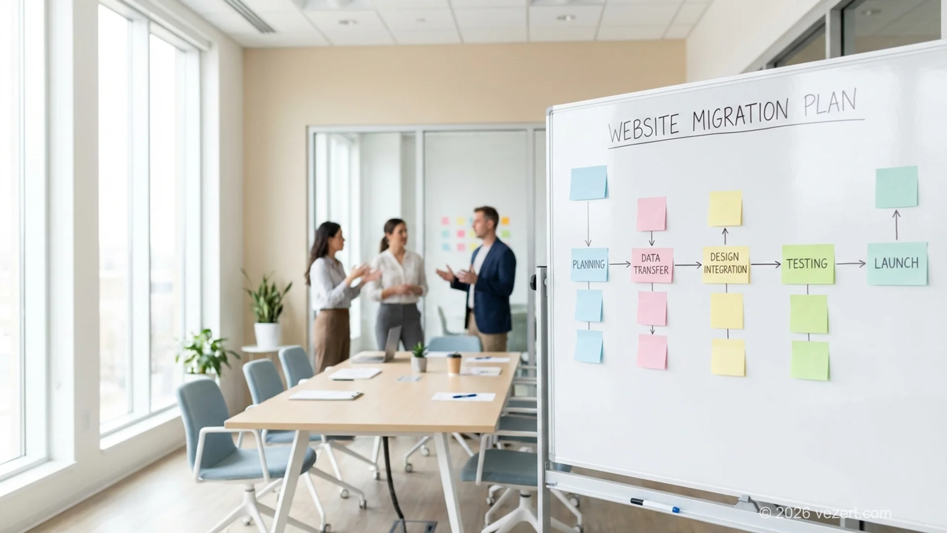 Website migration plan on a whiteboard showing planning, data transfer, design integration, testing, and launch phases