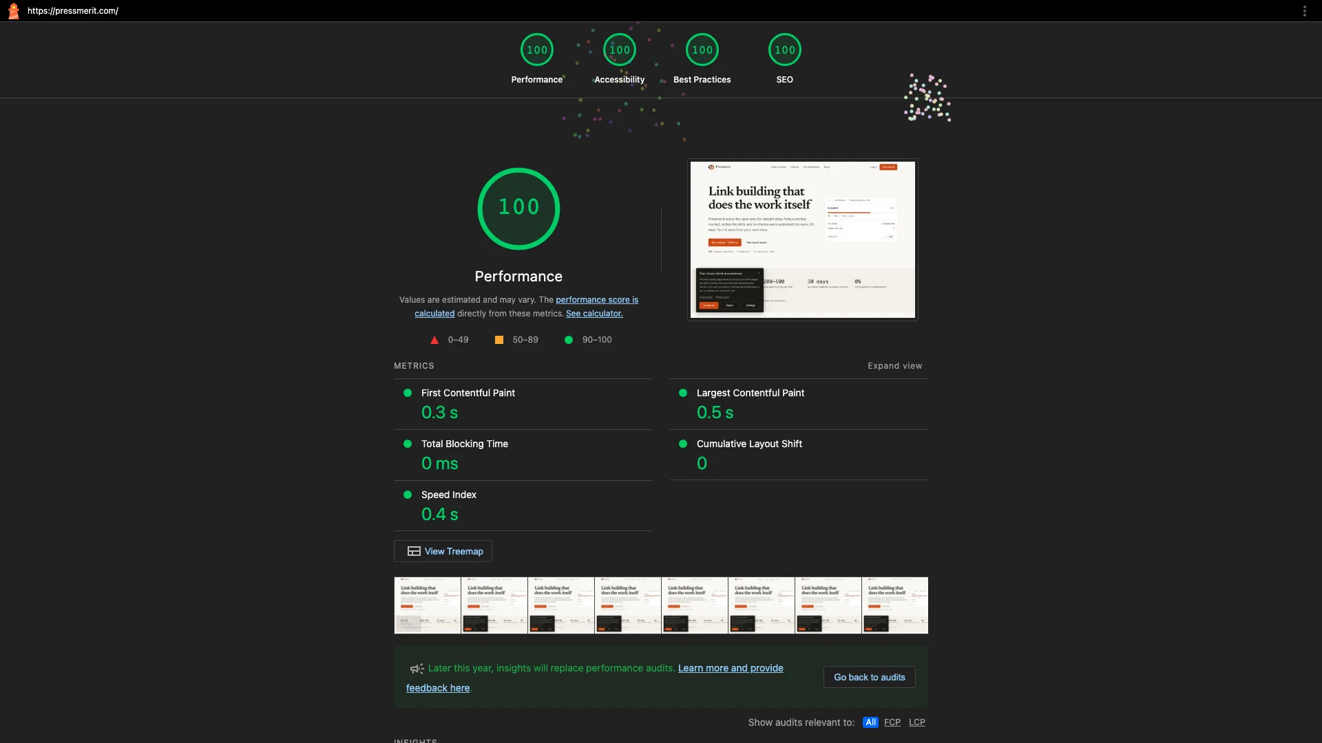 Desktop Lighthouse audit of the B2B SaaS website design showing 100 for performance, accessibility, best practices, and SEO