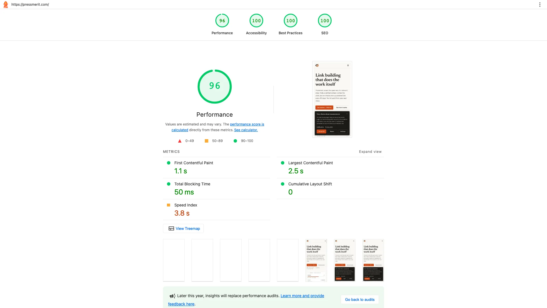 Mobile Lighthouse audit of the SaaS website design showing 96 performance and 100 in the other categories