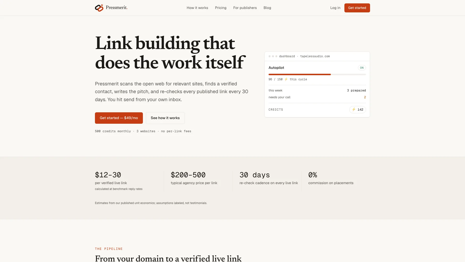 B2B SaaS website design example: Pressmerit homepage with value proposition and autopilot dashboard fragment