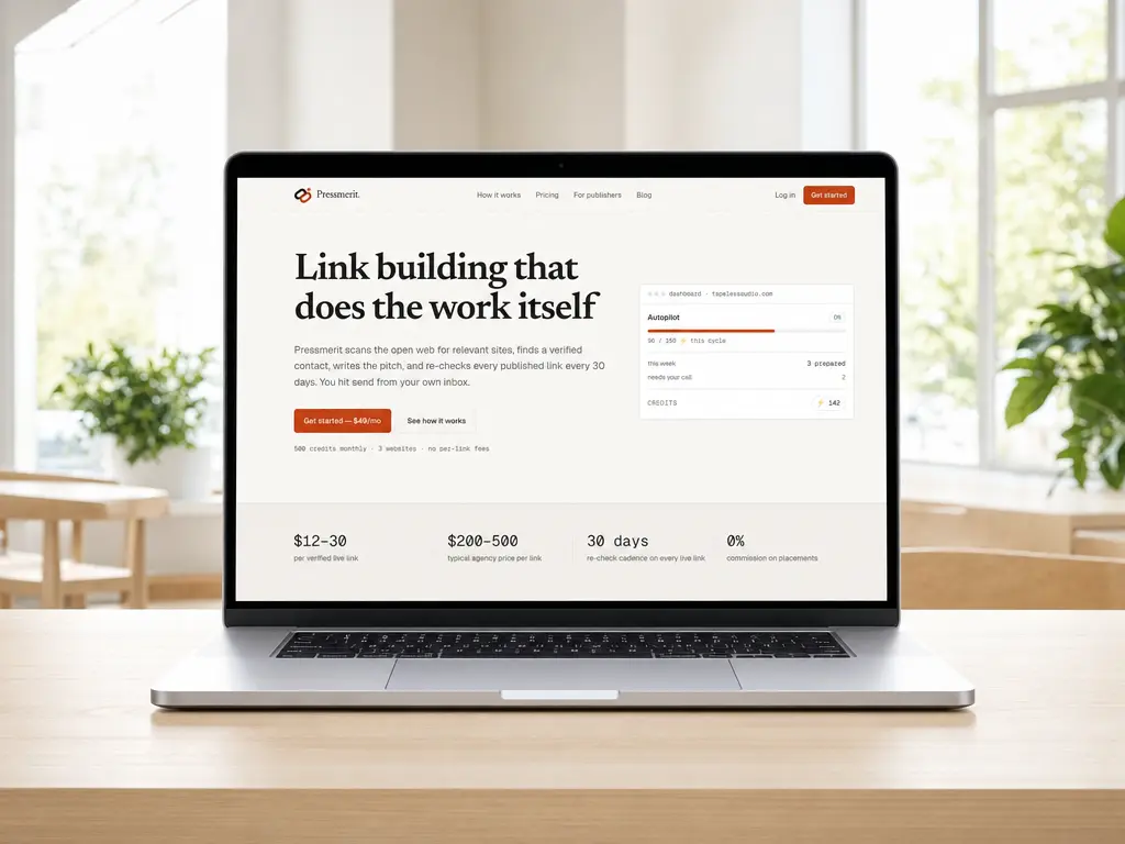 B2B SaaS website design case study: the Pressmerit homepage shown on a laptop