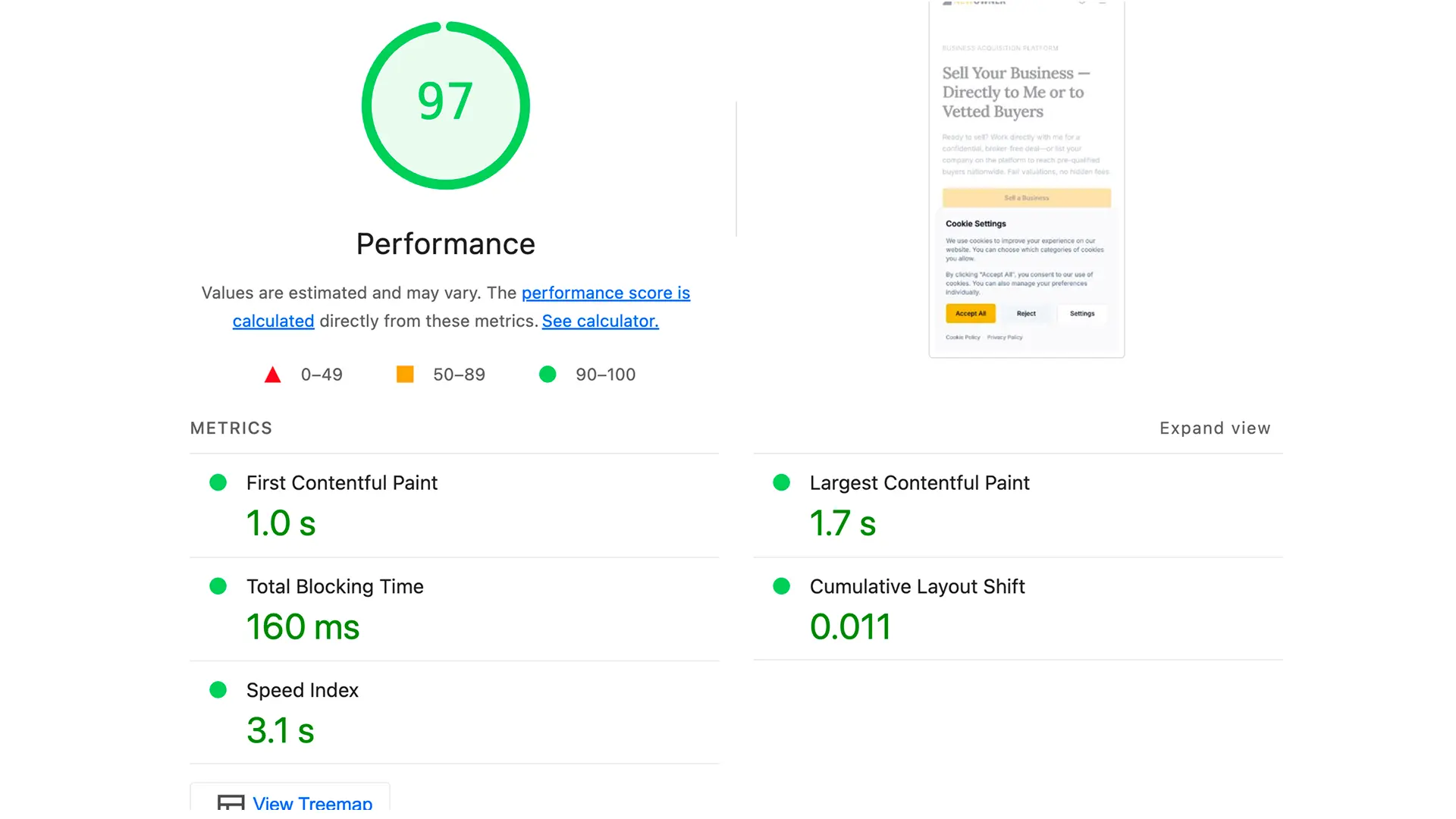 NewOwner website performance report showing 95% Lighthouse score