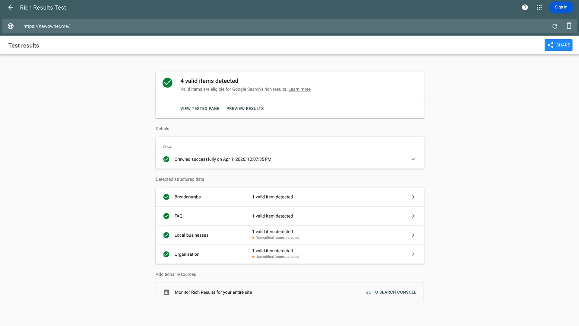 NewOwner website SEO audit showing 100% technical SEO score