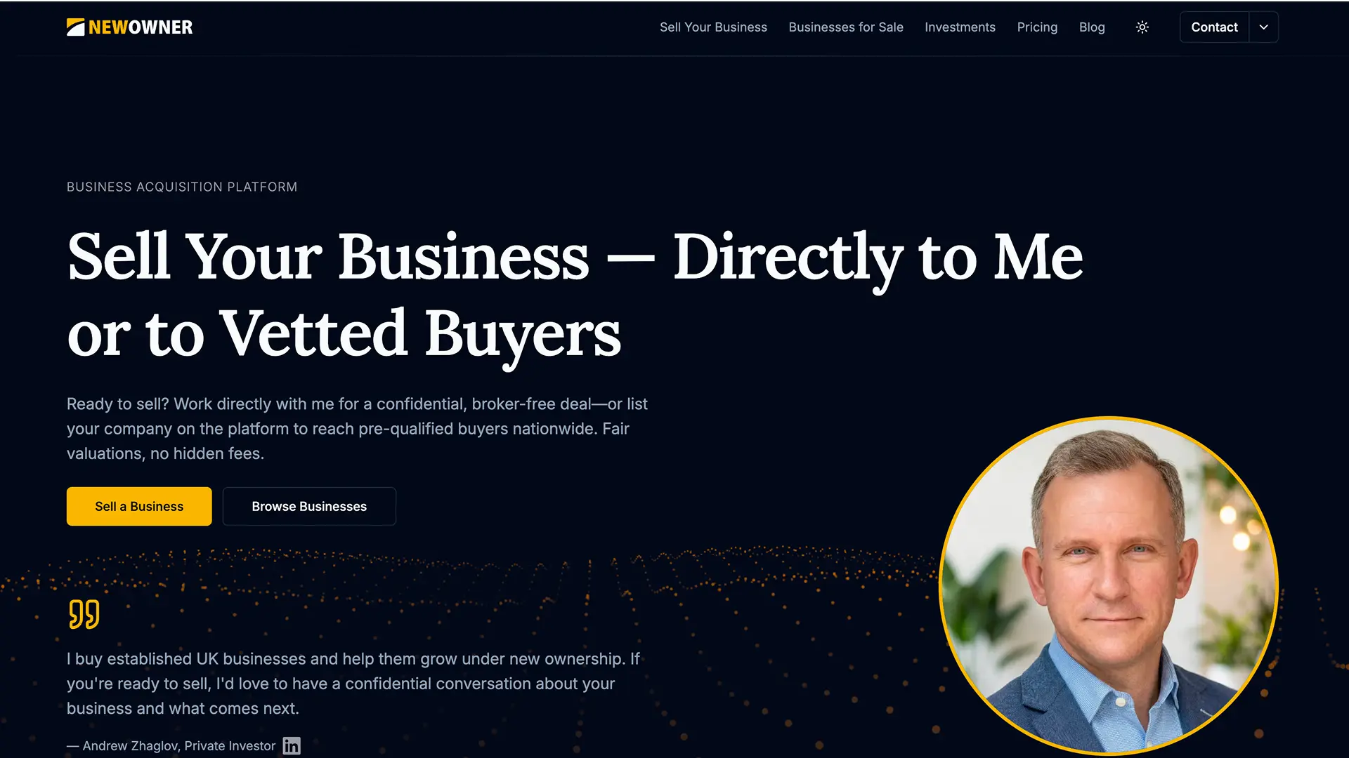 NewOwner homepage with hero section showing sell and buy pathways for UK businesses