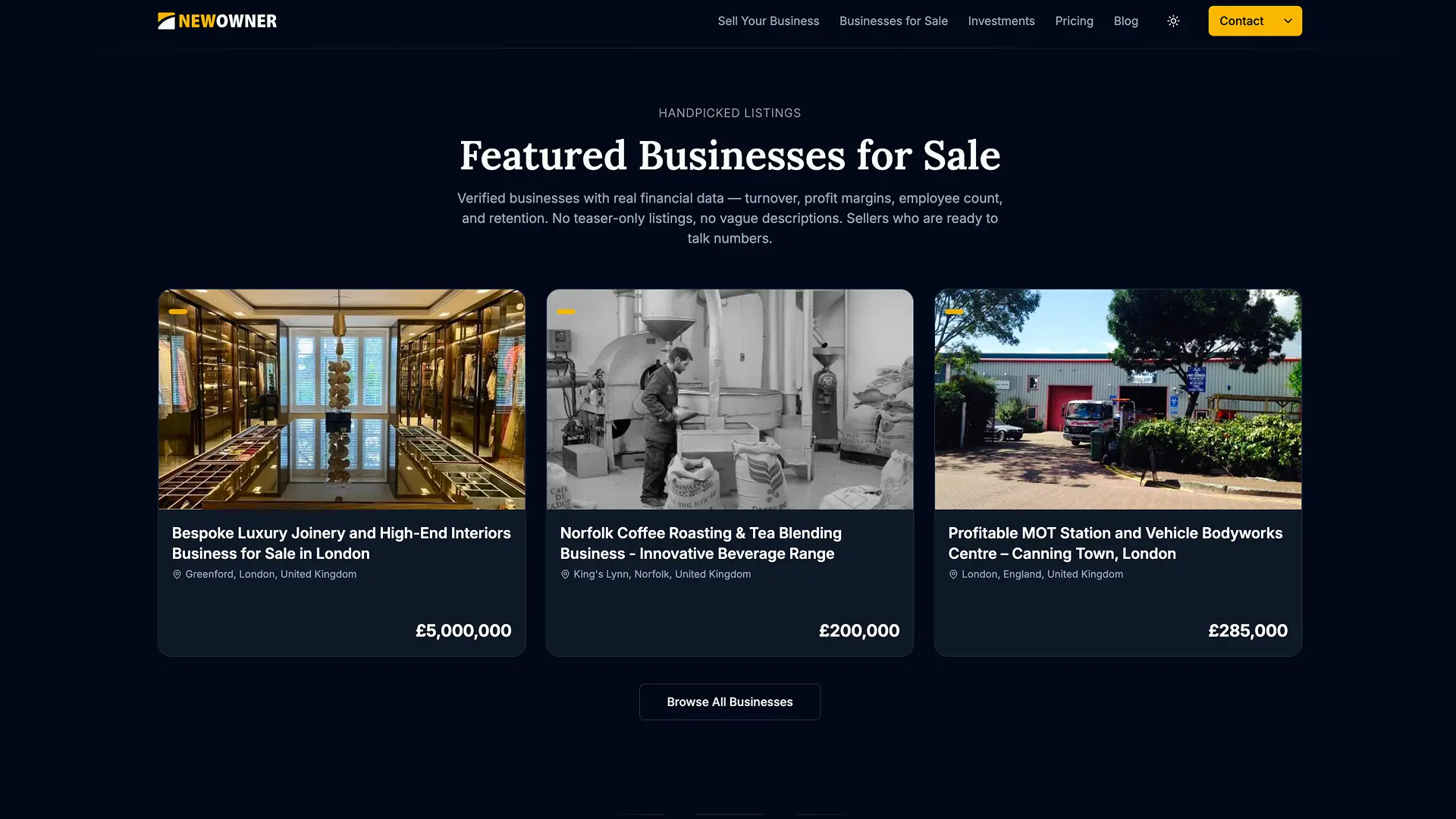 NewOwner businesses for sale marketplace with search filters and listing cards
