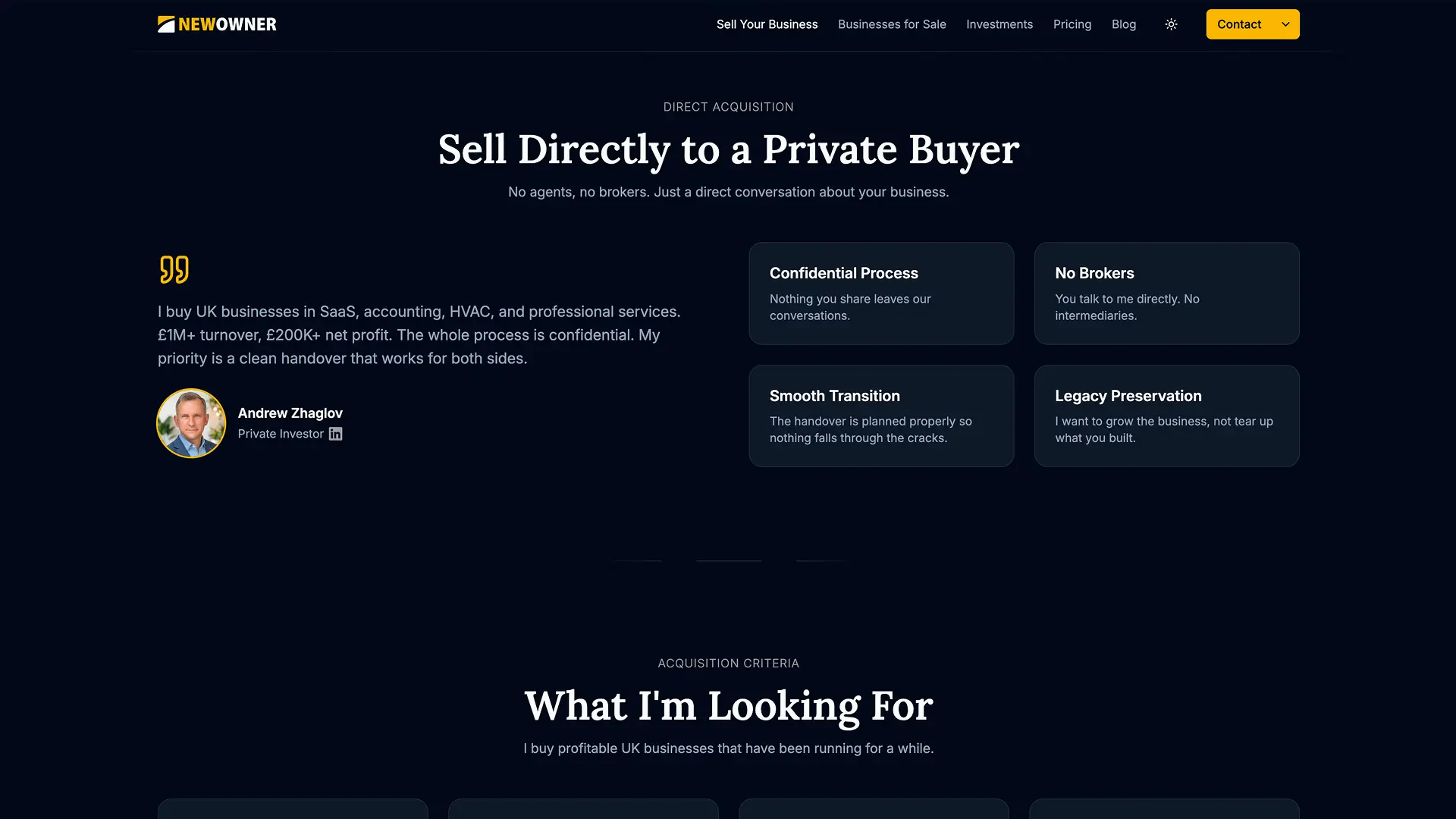 NewOwner business listing detail page with financial data and seller contact