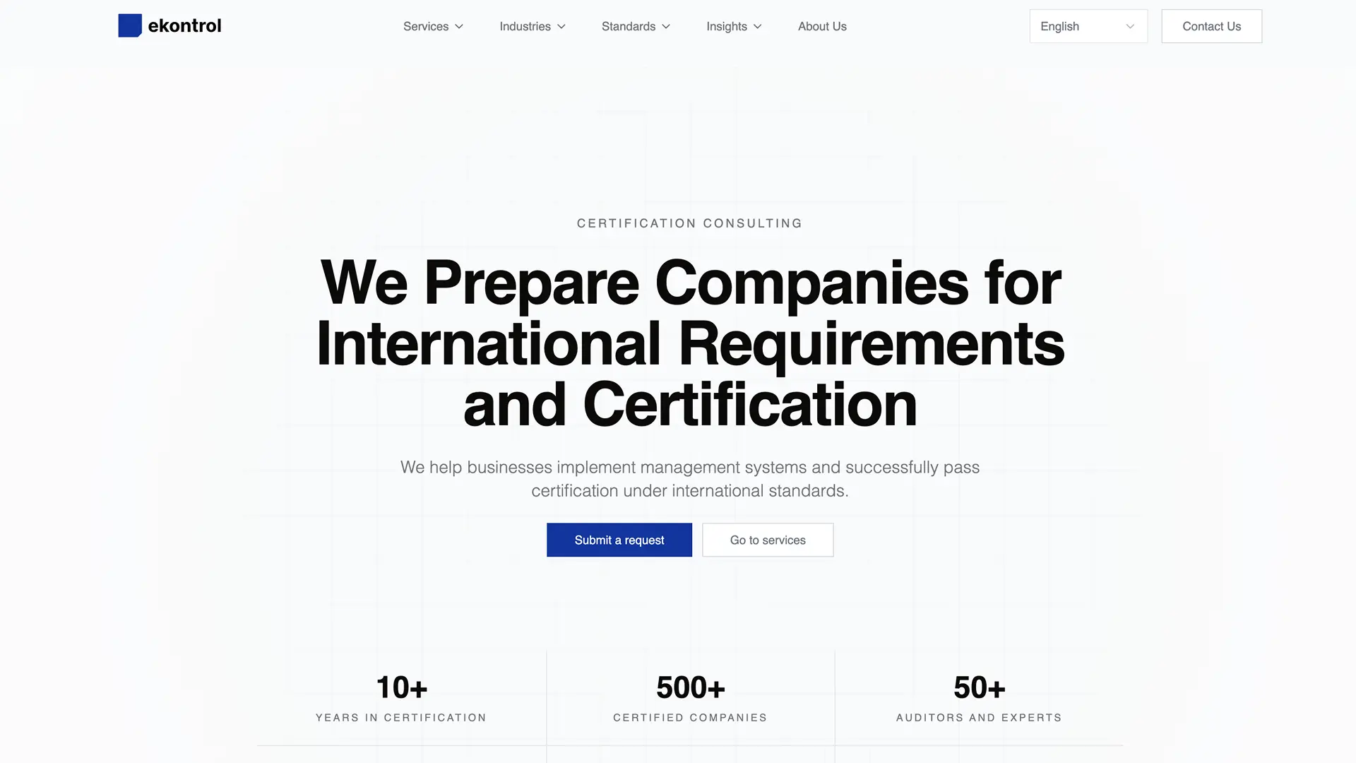 Consulting company homepage hero with certification consulting positioning