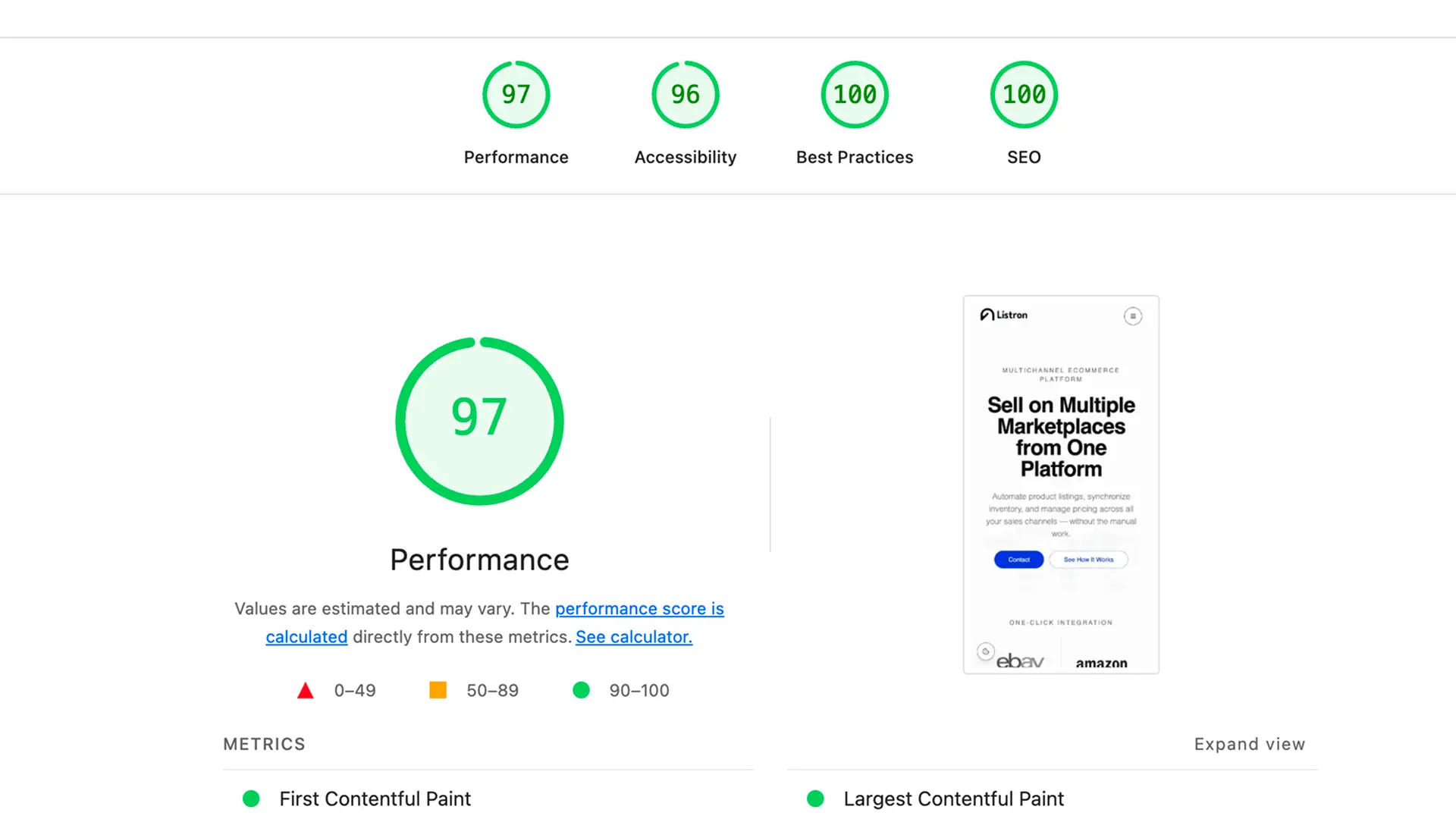 Listron website performance report showing 97% Lighthouse score