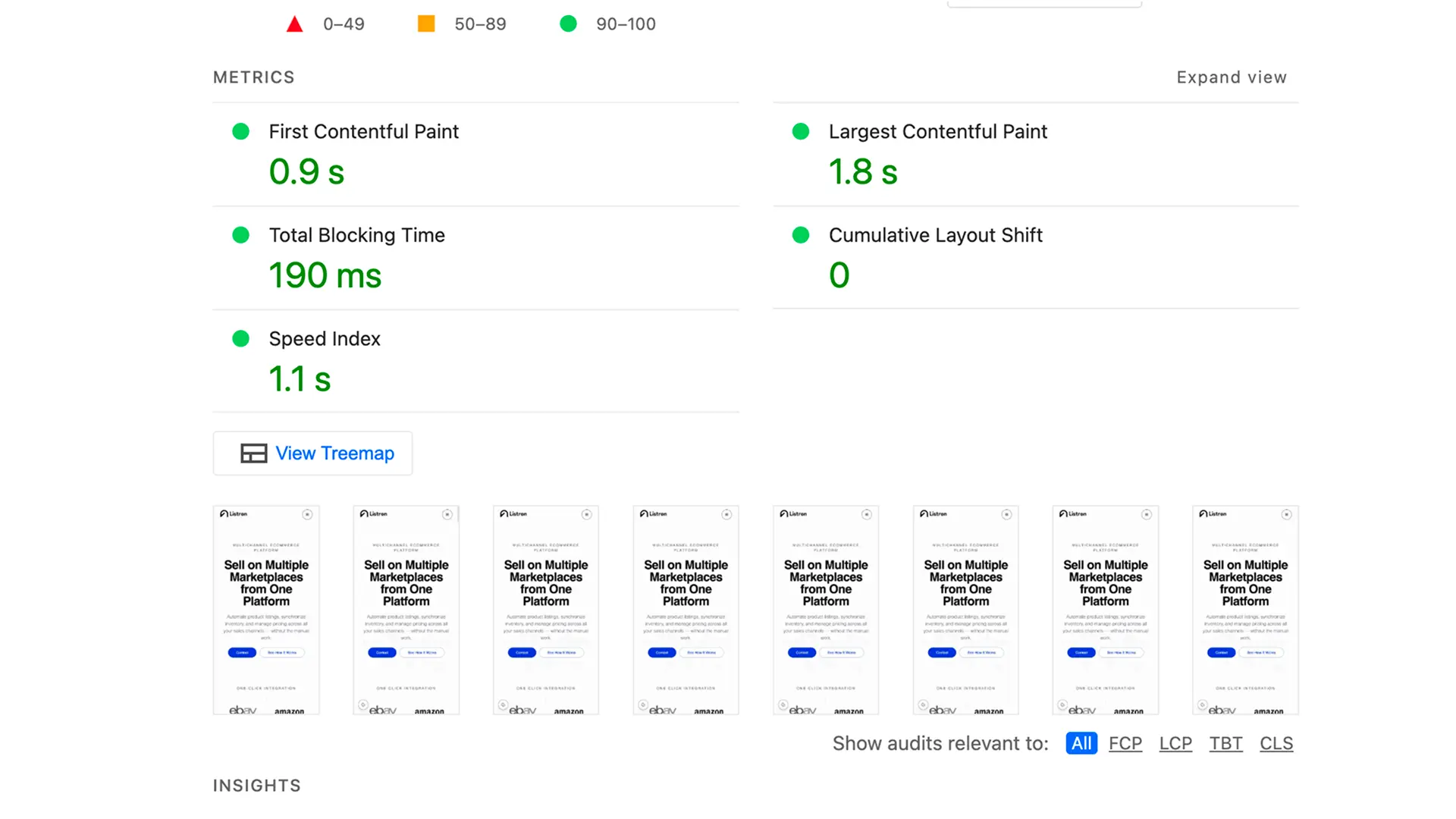 Listron website SEO audit showing 100% technical SEO score