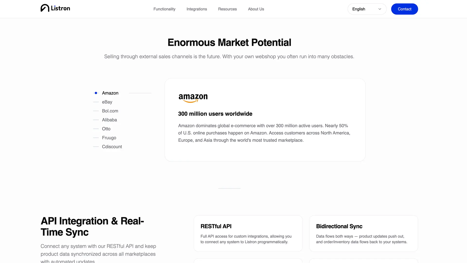 Listron integrations page with marketplace connection cards for eBay, Amazon, Bol.com