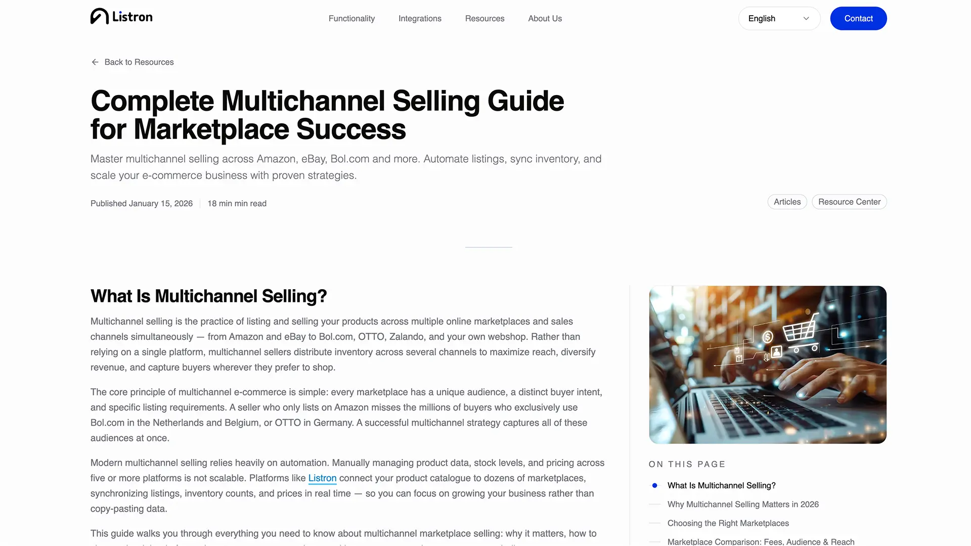Listron four-step workflow illustration: connect, import, configure, publish